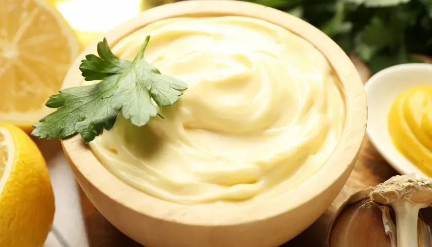 Mayonnaise onctueuse dans un bol en bois, garnie de persil. Citrons, ail et moutarde à proximité. La clé pour ne pas rater une mayonnaise maison.