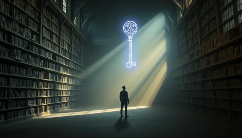 W wielkiej bibliotece, człowiek w garniturze szuka czegoś. W powietrzu unosi się świetlisty klucz, symbol wiedzy i odkryć.