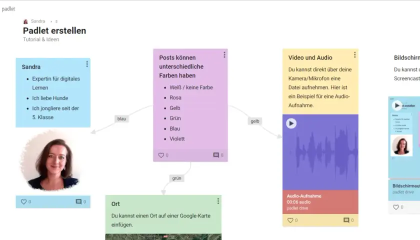 Was ist Padlet? Eine digitale Pinnwand, auf der Sandra Ideen und Tutorials teilt, mit farbigen Posts, Audio und Videos.