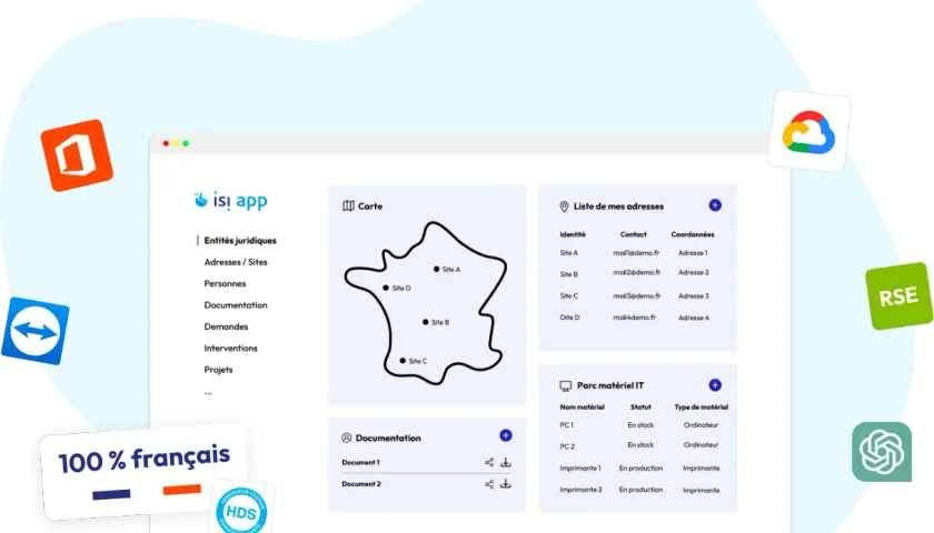 Interface d'un système d'information pour gérer des adresses, des documents et un parc matériel informatique.