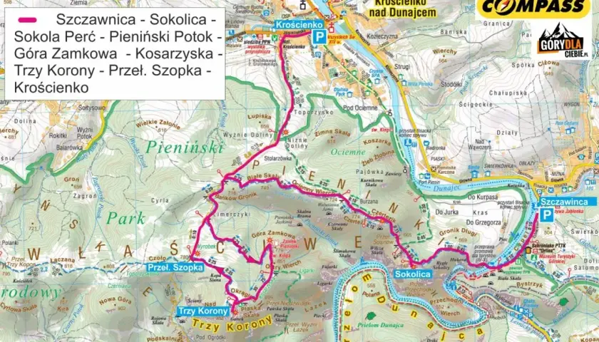 Trasa: Szczawnica, Sokolica, Sokola Perć, Trzy Korony. Mapa Pienin pokazuje szlaki i punkty widokowe.