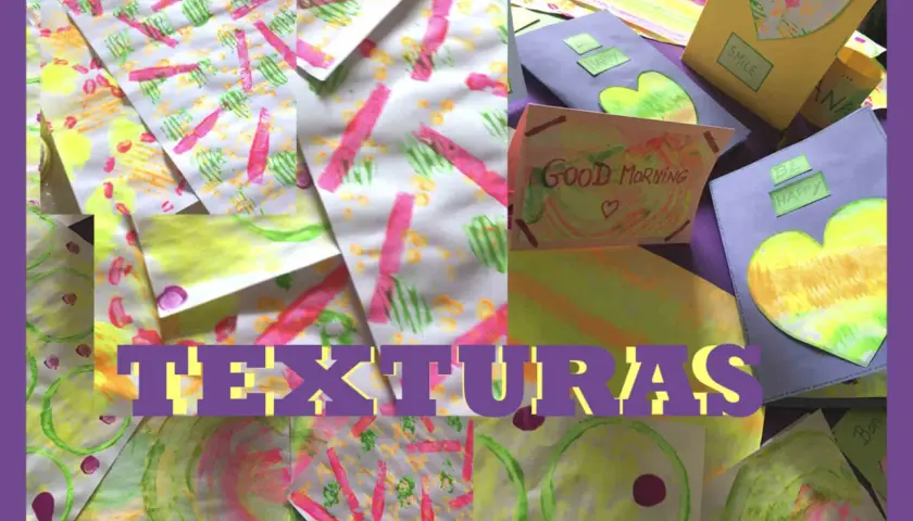 Collage de obras de arte infantiles con vibrantes texturas artificiales, incluyendo tarjetas con mensajes positivos y dibujos abstractos.