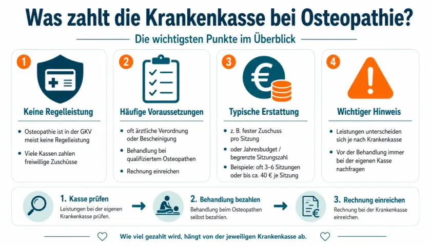 Osteopathie: Was zahlt die Krankenkasse? Infos zu Voraussetzungen, Erstattung & Hinweisen. Kasse prüfen, behandeln lassen, Rechnung einreichen.