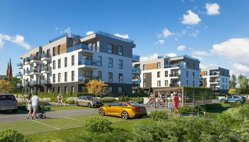 Nowoczesna dworska enklawa z apartamentami, zielenią i ludźmi spacerującymi.