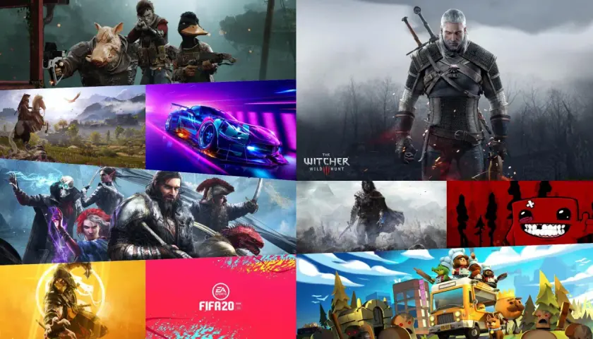 Kolaż z różnorodnymi grami na pada: od postaci z gry z dzikiem i kaczką, przez wyścigówkę, Wiedźmina, po postacie z gier RPG i sportowych.