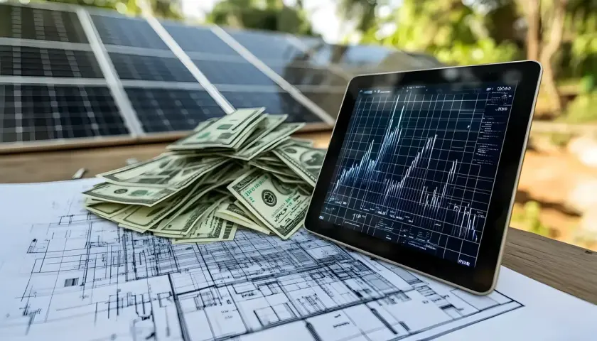 Plan instalacji fotowoltaicznej, stos banknotów i tablet z wykresem. Obliczenia pokazują, ile kosztuje fotowoltaika i jak szybko się zwraca.