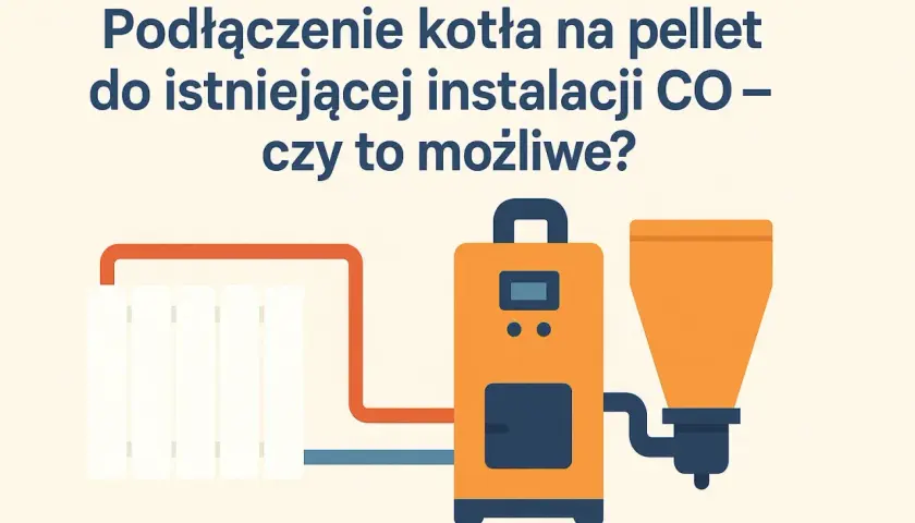 Ilustracja przedstawia podłączenie pieca na pellet do starej instalacji CO. Widoczny jest grzejnik, kocioł na pellet i zasobnik paliwa.