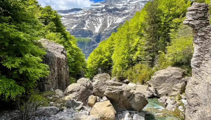 Río Cinca serpentea entre rocas y bosques frondosos, con picos nevados al fondo. Un paisaje idílico que evoca la majestuosidad de la cascada del Cinca.