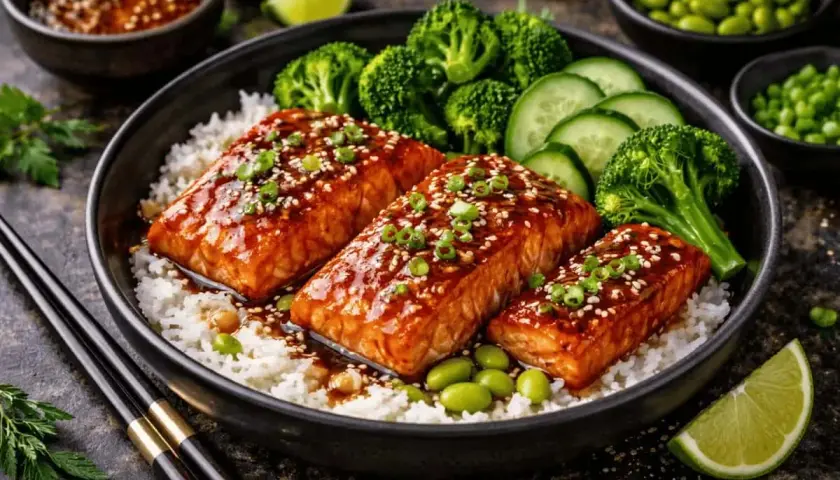 En skål med ris, tre saftiga bitar asiatisk lax glaserad med en mörk sås, toppad med sesamfrön och grön lök. Serveras med ångad broccoli, gurkskivor och edamamebönor.
