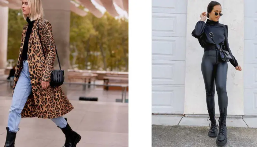 Deux femmes stylées portent des bottes. L'une arbore un manteau léopard et jean, l'autre un look cuir noir.