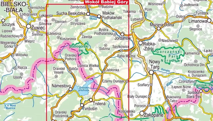 Mapa szlaków wokół Babiej Góry, z zaznaczonym Babiogórskim Parkiem Narodowym. Widoczny zielony szlak.
