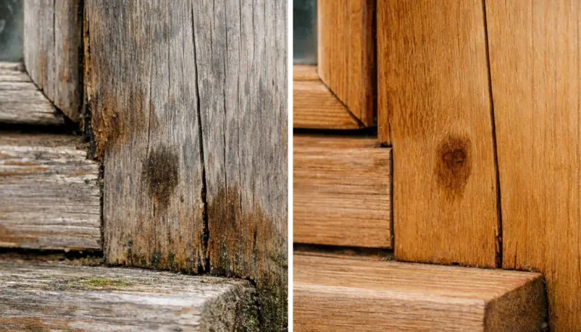 Prima e dopo: come pulire infissi in legno. Il legno vecchio e grigio diventa caldo e rinnovato, mostrando la bellezza naturale.