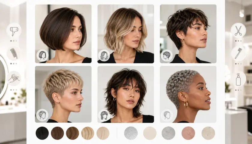 Seis estilos de corte de pelo corto mujer: bob oscuro, rubio ondulado, pixie texturizado, mullet moderno, rubio platino y rizado plateado.