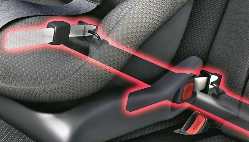 Widok na pasy bezpieczeństwa i mocowanie isofix w aucie. Czerwone linie podkreślają punkty mocowania.
