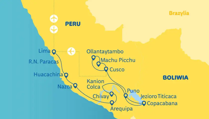 Mapa Peru z trasą wycieczki: Lima, Paracas, Nazca, Arequipa, Colca, Puno, Jezioro Titicaca, Cusco, Ollantaytambo i Machu Picchu.