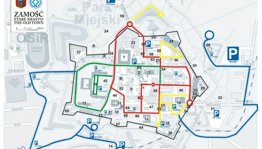 Mapa Zamościa z zaznaczonymi trasami spacerowymi i parkingami. Idealna na zwiedzanie zamościa z dziećmi 1 dzień.