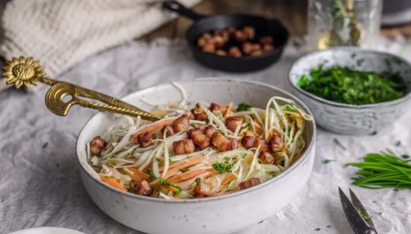 Ein köstlicher Krautsalat mit karamellisierten Speckwürfeln und frischer Petersilie. Perfekt als Beilage oder leichtes Hauptgericht.