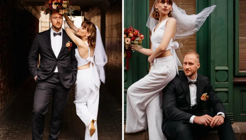 Para młoda w nowoczesnych strojach, z bukietem kwiatów. Elegancki ślub bez wesela, pełen stylu i bliskości.