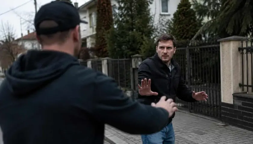 Mężczyzna w czarnej kurtce broni się przed napastnikiem, co może być uznane za przekroczenie obrony koniecznej.