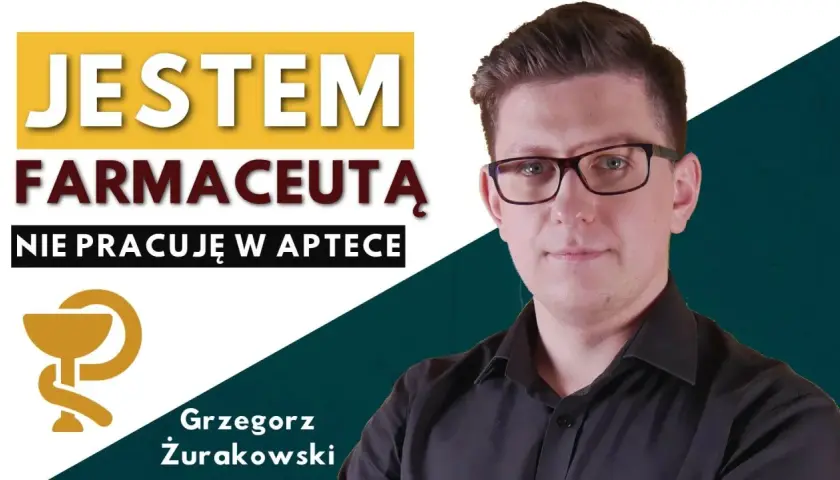 Mężczyzna w okularach na tle napisu "Jestem farmaceutą. Nie pracuję w aptece" i symbolu aptecznego.