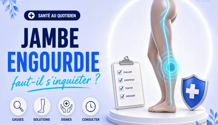 Jambe engourdie : causes, solutions, signes et quand consulter. Une illustration médicale avec une jambe, un tableau de bord et des icônes.