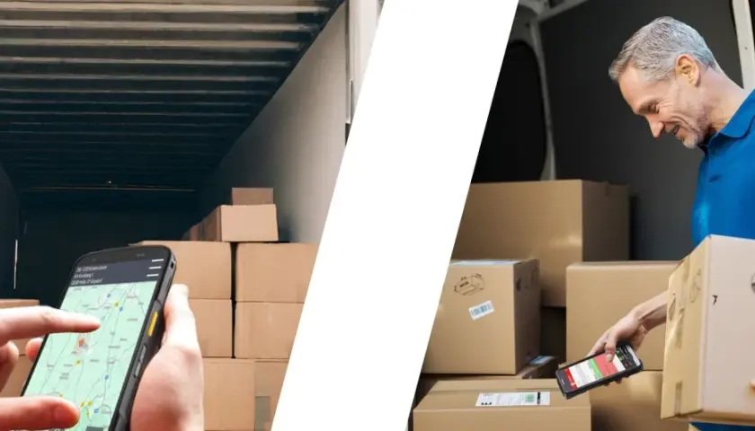Lieferung wird per Smartphone-App mit Track & Trace Code verfolgt. Ein Mann lädt Pakete aus einem LKW.