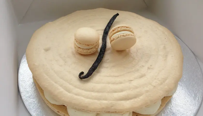 Un délicieux gâteau macaron à la vanille, orné de deux petits macarons et d'une gousse de vanille.