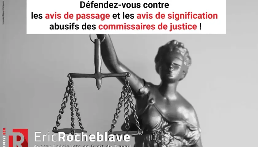 Statue de la Justice et balance, avec un texte sur les avis de signification abusifs des commissaires de justice.