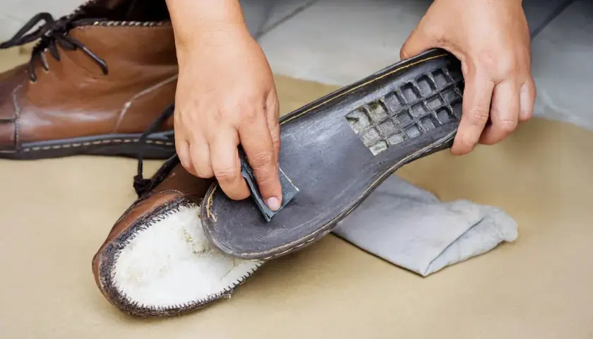 Hands gently sanding the sole of a brown leather boot, demonstrating how to clean Vibram shoes for better grip.