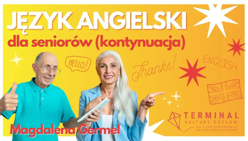 Uśmiechnięci seniorzy cieszą się nauką języka angielskiego. Kurs dla seniorów z Magdaleną Germel.