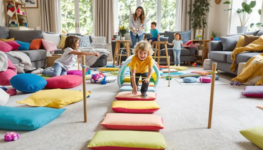 Radosny chłopiec pokonuje tor przeszkód dla dzieci diy, zbudowany z poduszek i tunelu. Mama i rodzeństwo kibicują.