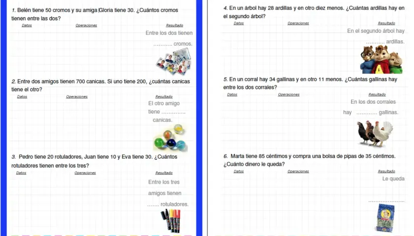Problemas 3 primaria: ejercicios de matemáticas con imágenes de ardillas, gallinas, cromos, canicas y rotuladores.