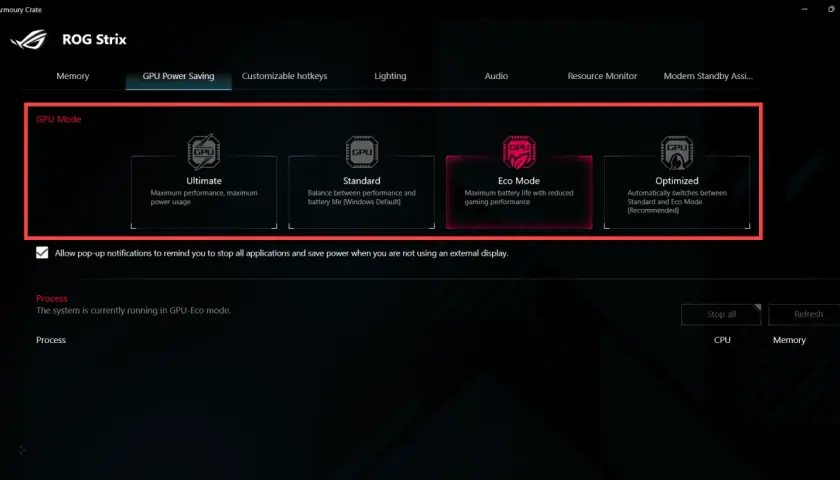 Armoury Crate zeigt GPU-Modi: Ultimate, Standard, Eco und Optimized. Die Grafikkarte wird nicht erkannt, wenn sie nicht im Eco-Modus läuft.