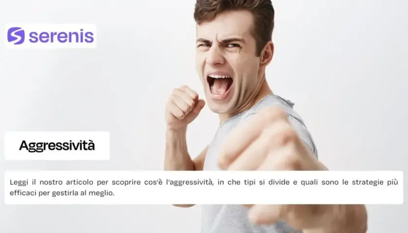 Uomo con espressione di una persona aggressiva verbalmente, pugni stretti. Titolo "Aggressività".