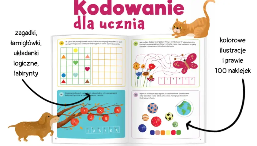 Książka "Kodowanie dla ucznia" zawiera zagadki, łamigłówki, układanki logiczne i labirynty. Kolorowe ilustracje i naklejki ułatwiają naukę.