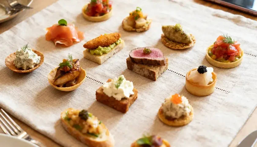 Un assortiment d'amuse-bouches variés, parfaits pour une idée repas soirée. Tartines, verrines et bouchées aux saveurs marines et terrestres.