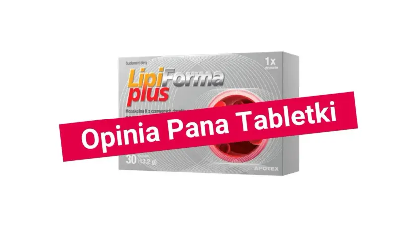 Opakowanie suplementu diety LipiForma plus z monakoliną K. Na czerwonym tle napis "Opinia Pana Tabletki".