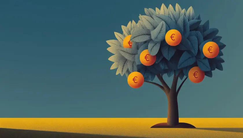 Ein Baum mit Euro-Symbolen als Früchte. Ein Symbol für Wachstum und Ertrag, aber auch für die Komplexität der etf steuer.
