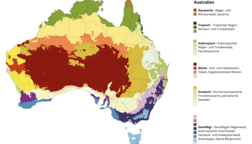 Klimazonen Australiens: Wüsten im Zentrum, tropische Zonen im Norden. Die beste Reisezeit hängt von der Region ab, wie diese Klimakarte zeigt.