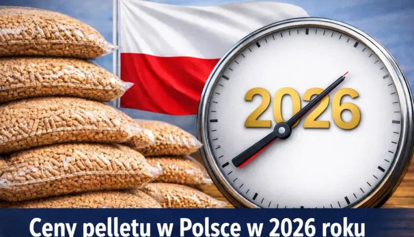 Stosy worków z pelletem, polska flaga i zegar wskazujący 2026 rok. Sprawdź ceny pelletu w Polsce w 2026 roku.
