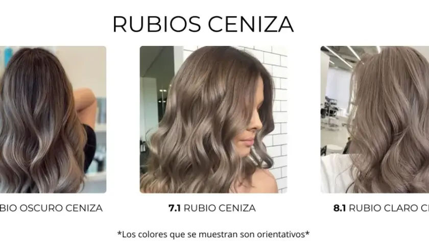 Tres modelos lucen diferentes tonos de rubio ceniza en su cabello. El rubio ceniza en morenas crea un contraste sutil y elegante.