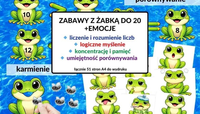 Żabka przyjaźni uczy liczenia, logicznego myślenia i emocji. Zabawy z żabką rozwijają koncentrację i umiejętność porównywania.