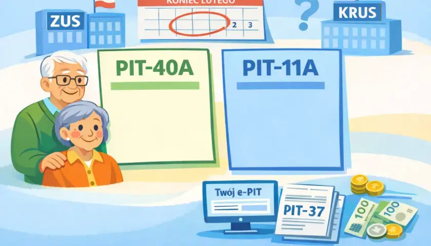Czy emeryt musi rozliczyć PIT-11A? ZUS i KRUS obok PIT-40A i PIT-11A, kalendarz z końcem lutego i komputer z e-PIT.