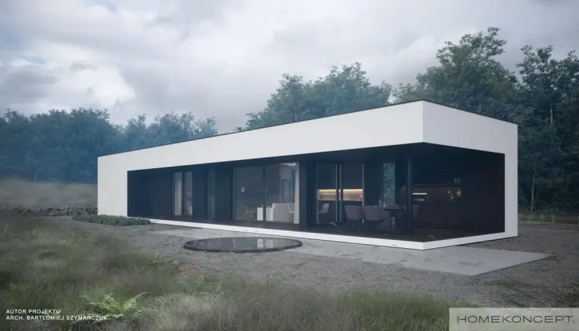 Nowoczesny dom do 70m2 z dużymi przeszkleniami, otoczony zielenią. Minimalistyczna bryła i taras tworzą idealne miejsce do odpoczynku.