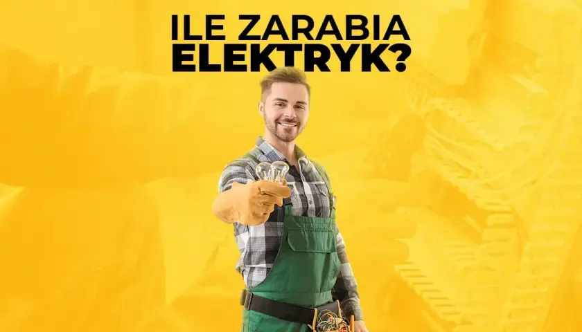 Uśmiechnięty elektryk w zielonym ogrodniczkach trzyma żarówki. Dowiedz się, ile zarabia elektryk i jakie są jego zarobki.