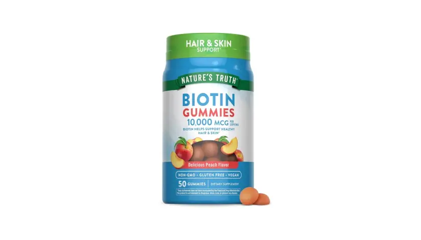Nature's Truth Biotin Gummies, 10,000 mcg per serving, för hår och hud. Hjälper mot biotin håravfall. Smak av persika. 50 gummies.