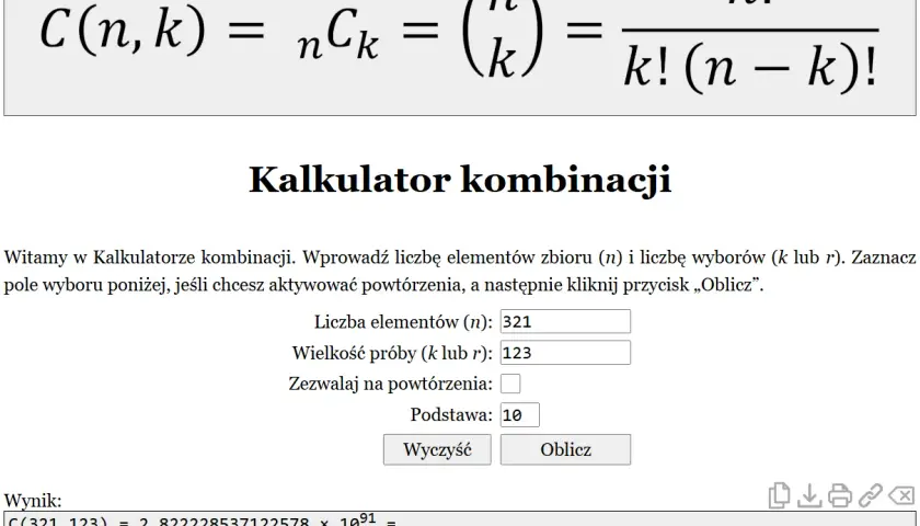 Kalkulator kombinacji z polem na liczbę elementów (321) i wielkość próby (123). Wynik obliczenia C(321,123) to ogromna liczba, co jest znakiem przybliżenia.