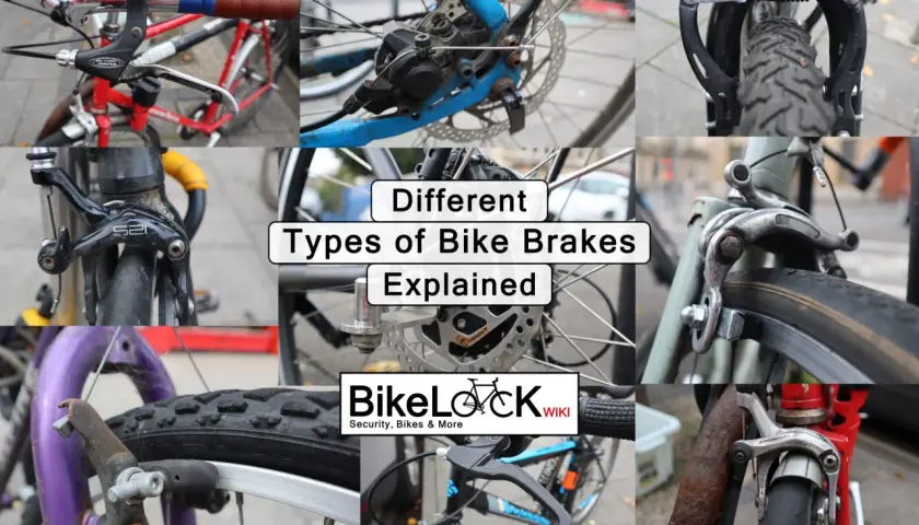 Collage showing various mountain bike brake types, including rim brakes and disc brakes, with text overlay "Different Types of Bike Brakes Explained.