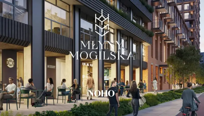 Nowoczesna architektura osiedla Młyny Mogilska. Ludzie relaksują się przy stolikach kawiarni na zewnątrz.