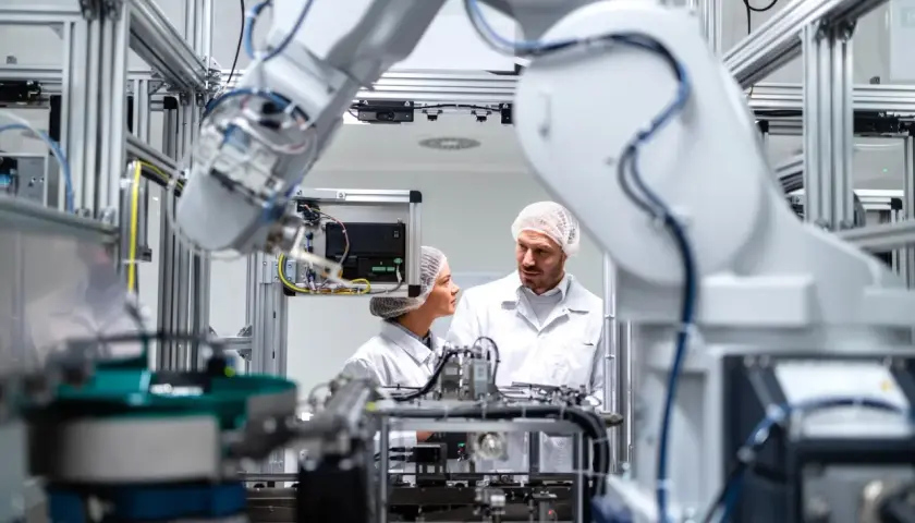 Mechatronik w białej szacie laboratoryjnej analizuje działanie robota przemysłowego.
